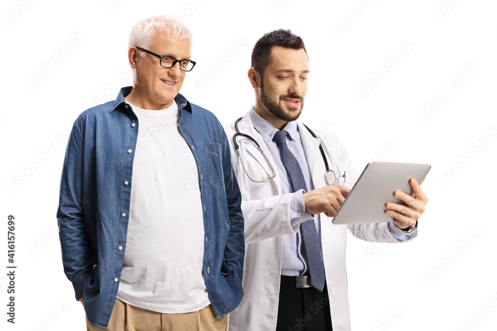 Male doctor showing a digital tablet to a mature male patient Male doctor showing a digital tablet to a mature male patient