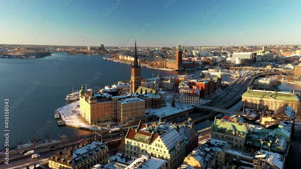 Winter in Stockholm City, aerial drone view
