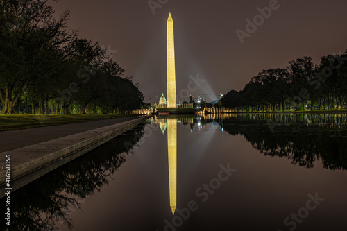 The Washington Monument and U.S. Capitol at night reflected in the Reflecting Pool. Trees line the sidewalk.