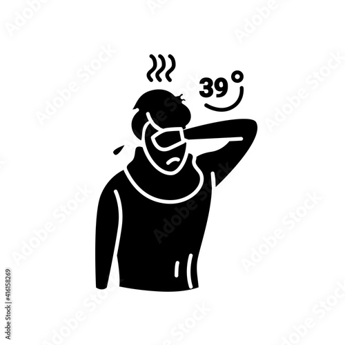 High temperature glyph icon.Person goes hot.High body temperature.39 C.Symptom virus, cold, flu. Filled flat sign. Isolated silhouette vector illustration