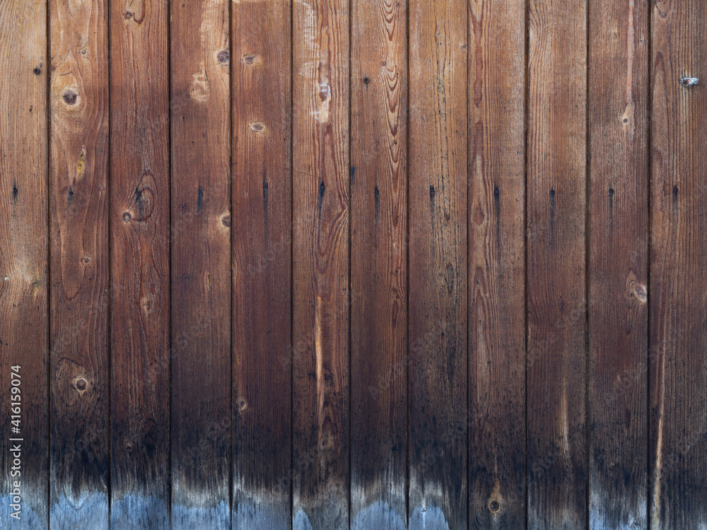 Obraz premium The texture of an old, burnt-out, or faded fence. Unevenly painted, mordant wooden wall background. A woody pattern of rotten, fungus infested planks. Gray, black, brown shade.