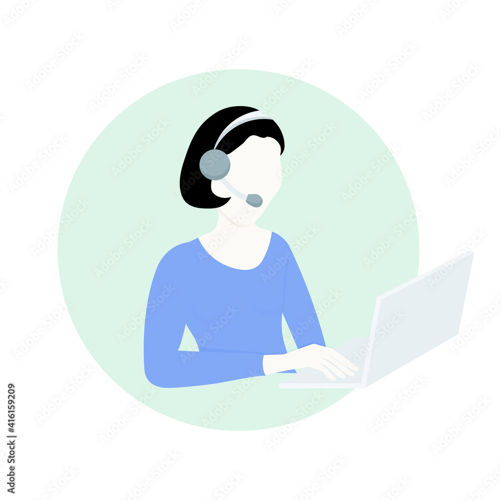 Woman call center operator icon. Woman with microphone and notebook on round background art design stock vector illustration for web, for print Woman call center operator icon. Woman with microphone and notebook on round background art design stock vector illustration for web, for print