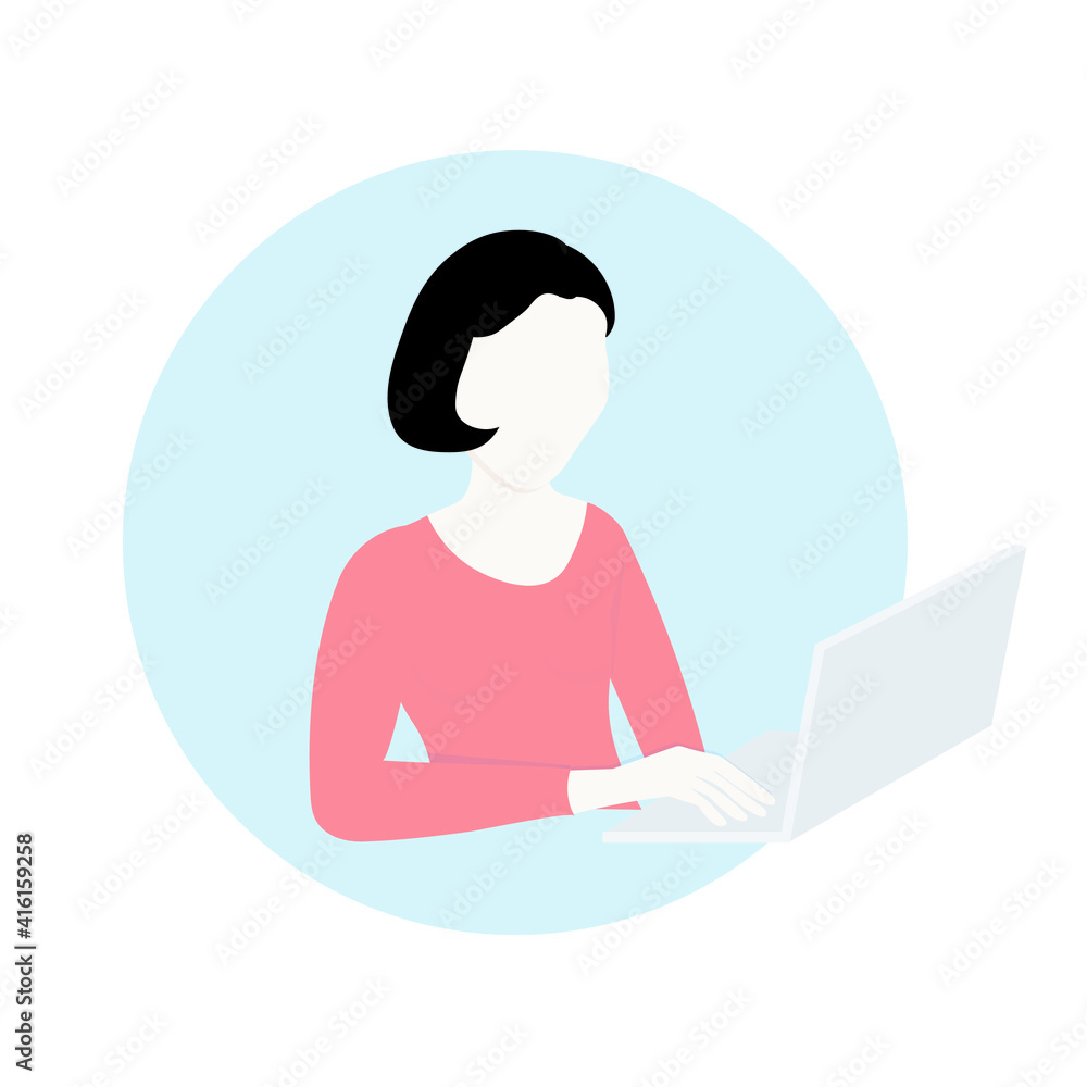 Woman online education. Woman with notebook round icon on blue art design stock vector illustration for web, for print