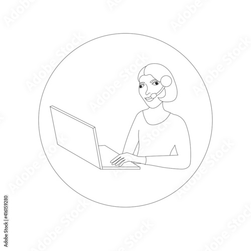 Woman call center operator icon monochrome scetch. Woman with microphone and notebook on round background art design stock vector illustration for web, for print