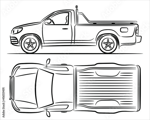 Outline illustration pickup truck, abstract silhouette on white background. Vehicle icons  set view from side and top. A hand drawn vector line art.