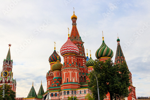 St. Basil's Cathedral and Spasskaya tower of Kremlin on Red Square in Moscow, Russia