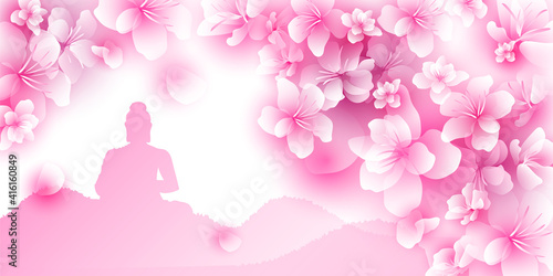 Silhouette of Buddha under a cherry blossom. Pink sakura petals and flying flowers. Horizontal banner in gentle delicate pink colors