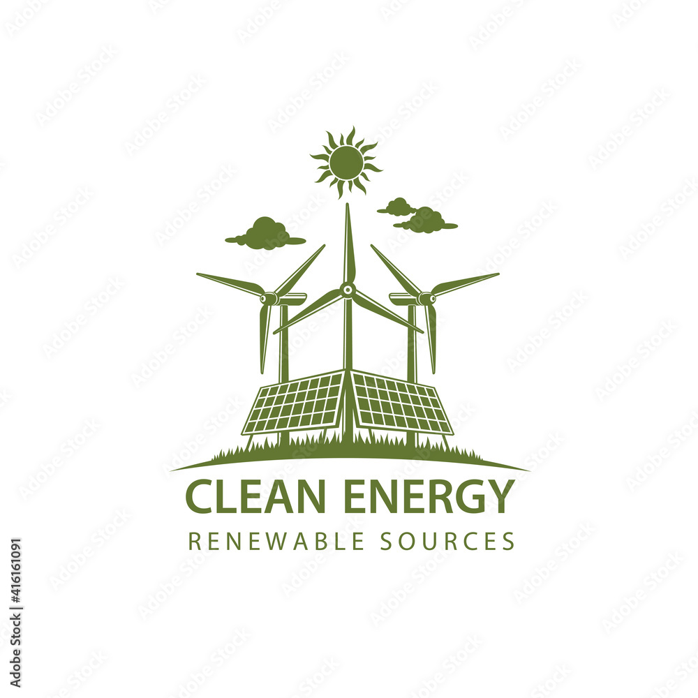 renewable energy icon with wind turbine and solar panel isolated on ...