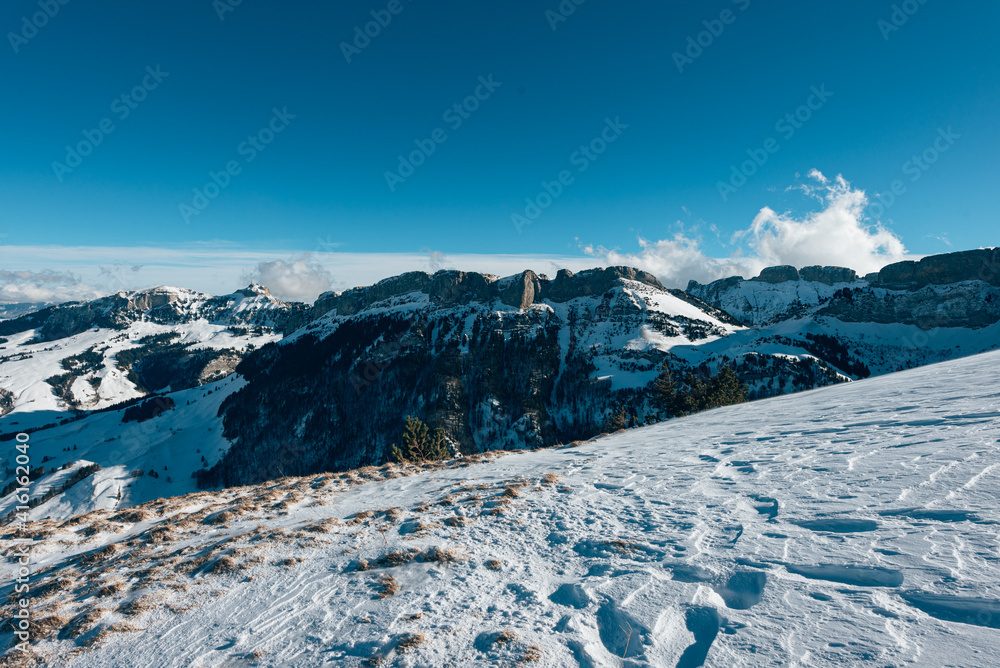 Obraz premium beautiful sunny snowy mountain landscape on Ebenalp in Appenzell