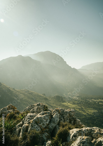 landscape of mountains and sunset with trees in the sierra de tramuntana spain mallorca