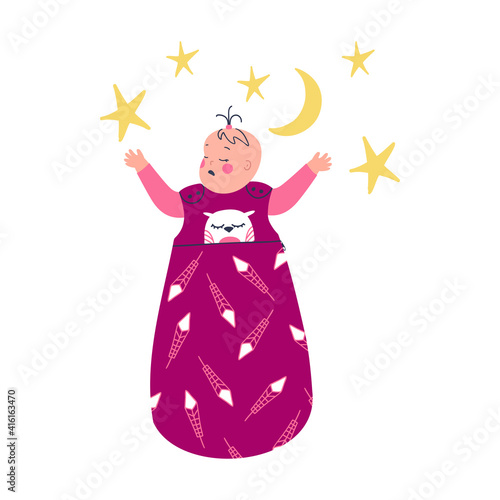 Baby girl sleeping with the nipple in a cute cozy sleeping bag surrounded by stars. Vector hand drawn character illustration