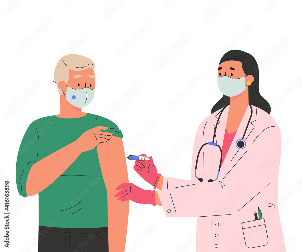 A female doctor makes a vaccine to male patient. Concept illustration for immunity health. Covid vaccine. Doctor in gloves and protective mask. Flat illustration isolated on white background. 