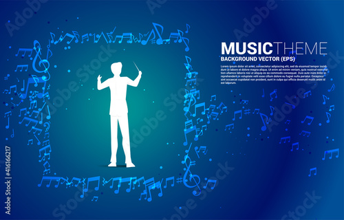 Vector silhouette of conductor standing with flying music note . Concept background for orchestra concert and recreation.
