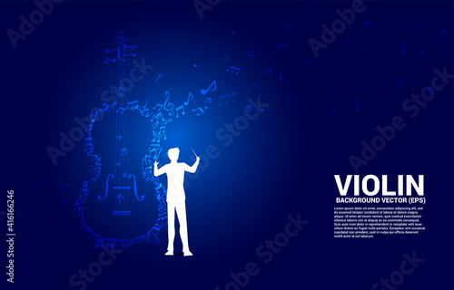 Vector silhouette of conductor hand with music melody note dancing flow shape violin icon . Concept background for song and concert theme.