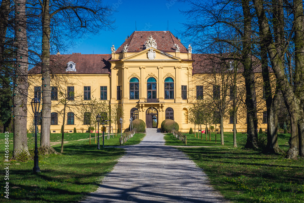 Front view of Palace in Eckartsau town in the Austrian state of Lower Austria