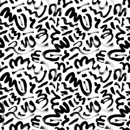 Wavy and swirled brush strokes vector seamless pattern. Black paint freehand scribbles  abstract ink background. Brushstrokes  smears  lines  squiggle pattern. Abstract wallpaper design  textile print