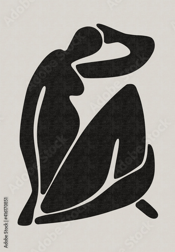 Abstract art poster. Mid century decor Matisse inspired, contemporary female silhouette shape. Vector illustration
