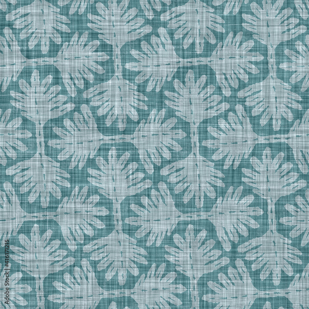 Aegean teal mottled flower linen texture background. Summer coastal living style 2 tone fabric effect. Sea green wash distressed grunge material. Decorative floral motif textile seamless pattern 
