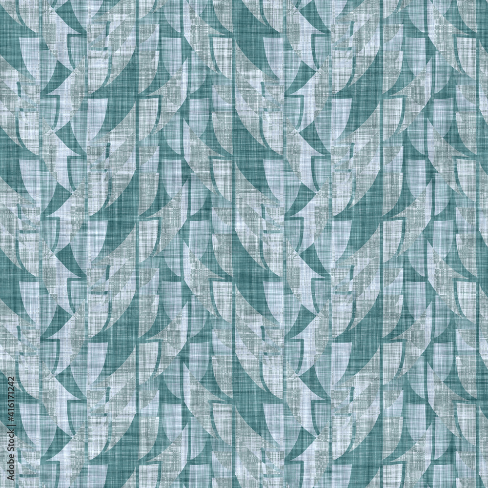Fototapeta premium Aegean teal mottled geo patterned linen texture background. Summer coastal living style home decor fabric effect. Sea green wash grunge distressed geometric grid. Decorative textile seamless pattern 