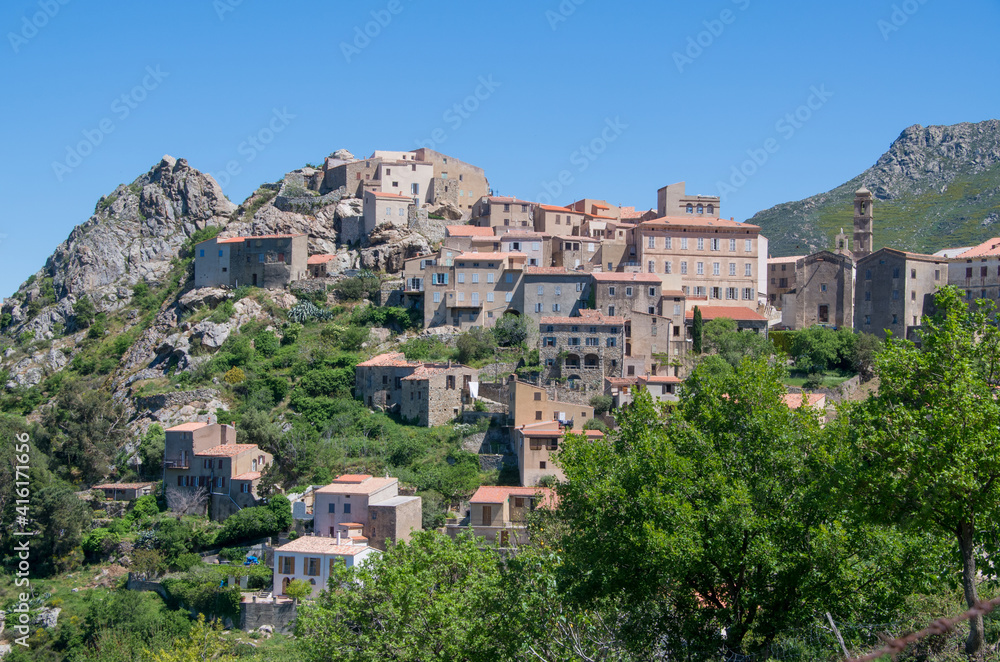 View of the mountain village of Speloncato in the Balagne region of the island of Corsica, France