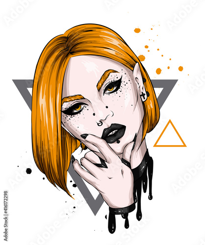 Beautiful girl with piercings. Fashion and Style. Vector illustration, print.