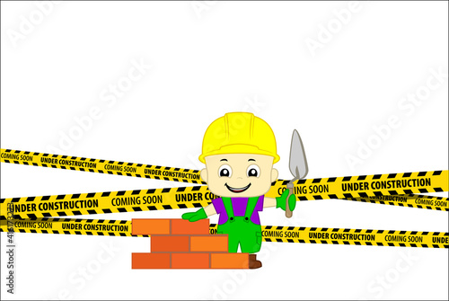 Under Construction Concept with cute  bricklayer masonry worker with helmet and trowel putty knife  . flat design vector illustration