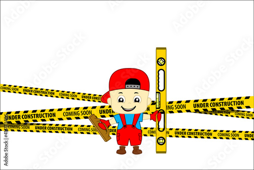 Under Construction Concept with kid plasterer worker with plastering trowel and spirit level. Flat design vector illustration