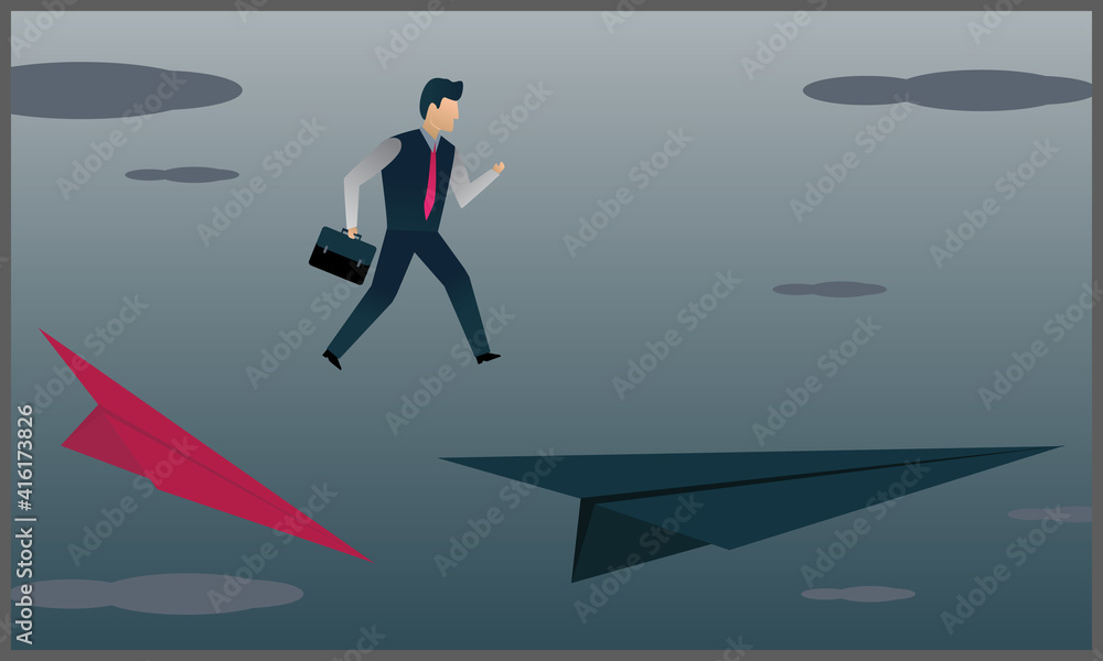 Naklejka vector illustration of businessman jumping to other paper planes, symbols of risk and danger. Eps 10