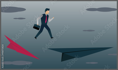 
vector illustration of businessman jumping to other paper planes, symbols of risk and danger. Eps 10