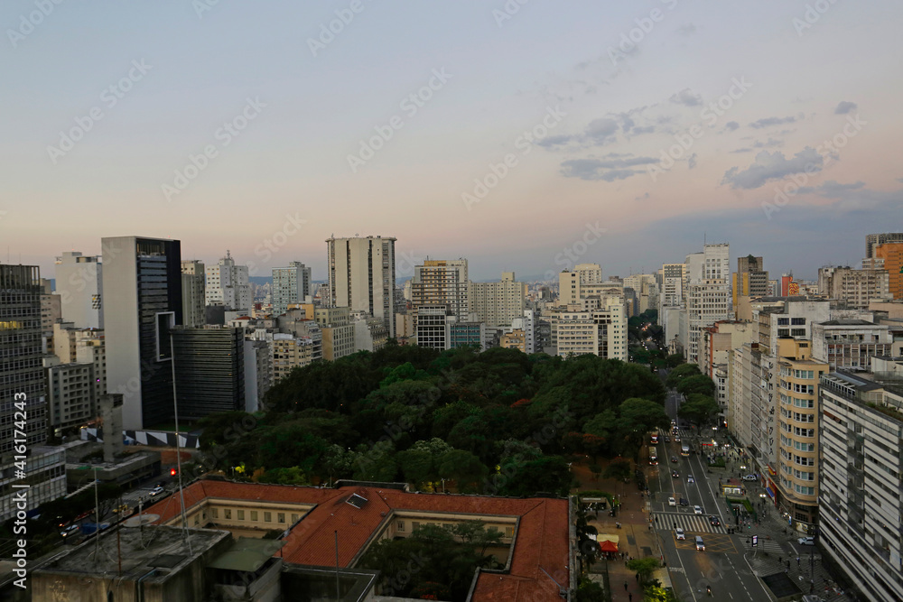 Aerial view of Republica square, in Republica neighborhood, downtown Sao Paulo, Brazil, during sunset.