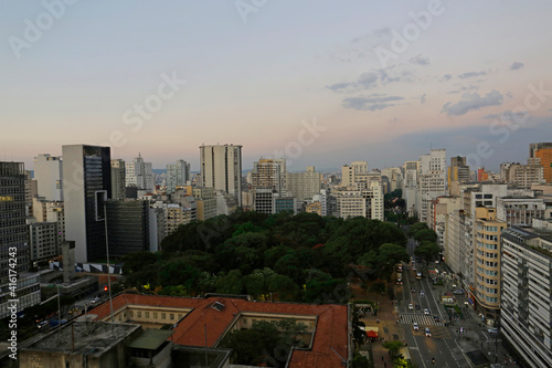 Aerial view of Republica square  in Republica neighborhood  downtown Sao Paulo  Brazil  during sunset.