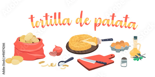Spanish potato omelette ingredients - tortilla de patata. Olive oil, onions, potatoes, eggs, cutting board and knife. Vector illustration on a white background.