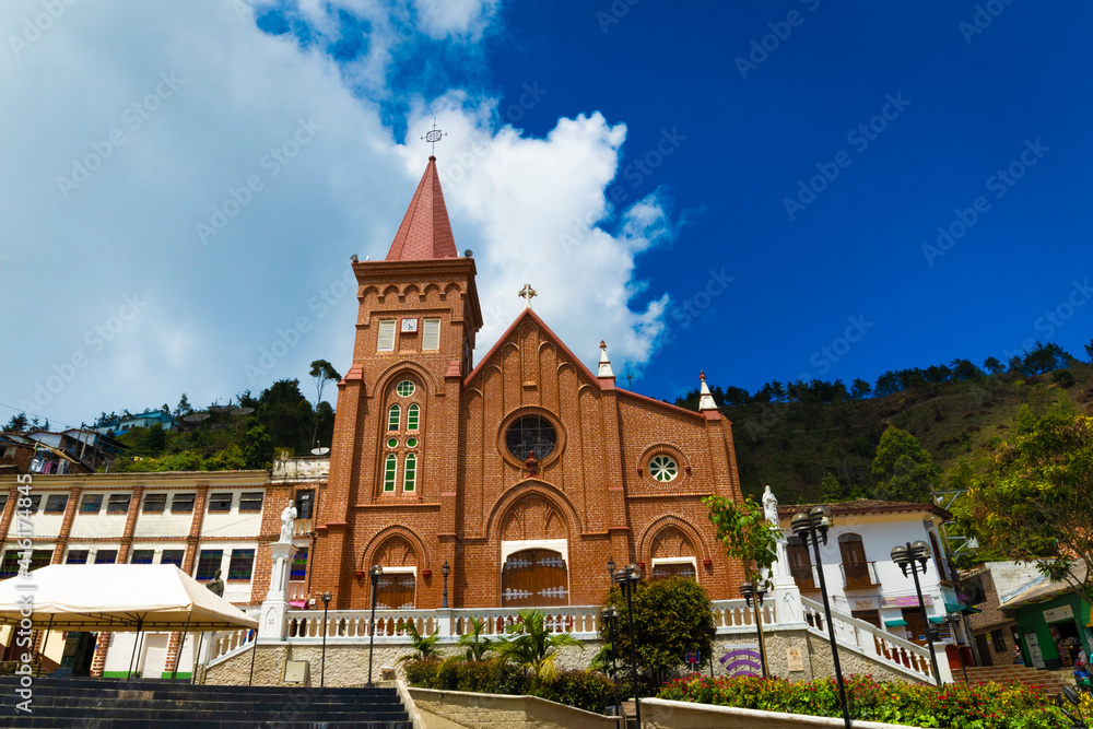 Montebello, Antioquia, Colombia. November 14, 2020. The Church of Nuestra Señora de las Mercedes is a Colombian temple of Catholic worship. 