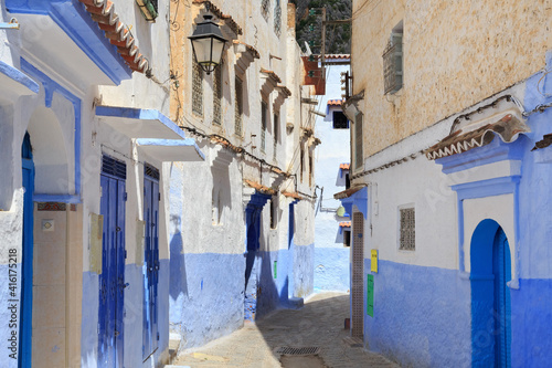 View of the walls of Medina quarter in Chefchaouen, Morocco. The city, also known as Chaouen is noted for its buildings in shades of blue and that makes Chefchaouen very attractive to visitors. © Renar