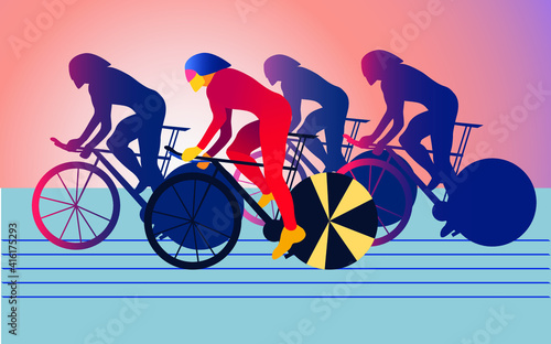 The group of cyclists at sunset or sunrise training or participating in some championship. Vector illustration in minimalist style