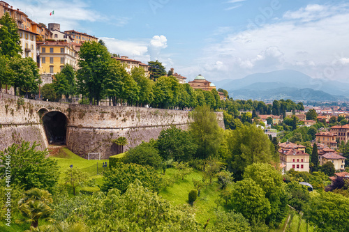 View of the famous Venetian walls in Bergamo (Citta Alta) in northern Italy. Bergamo is a city in the alpine Lombardy region.