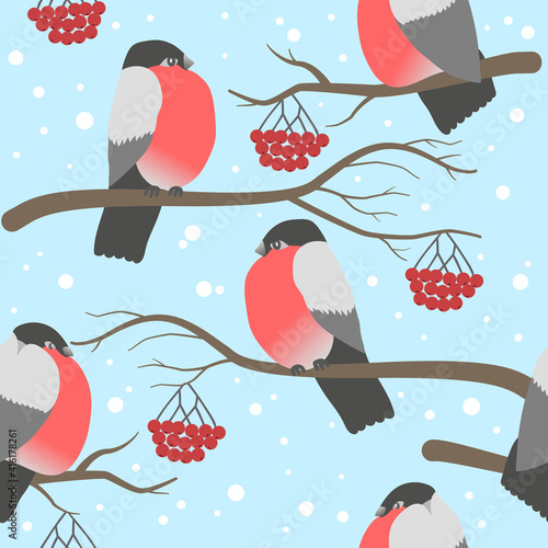 winter seamless pattern with bullfinches on the branches with berries of rowanberry, vector illustration, eps