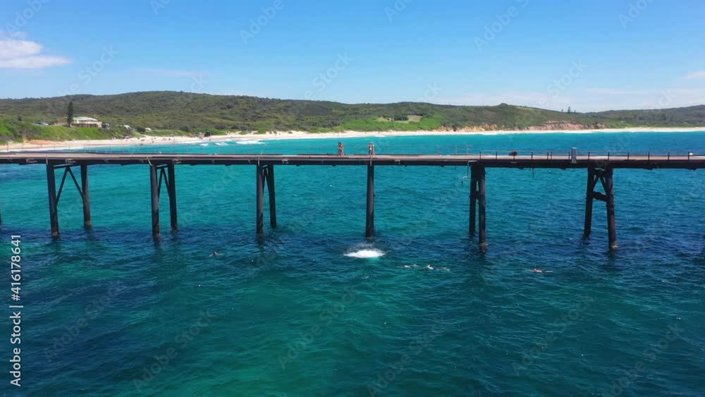 Young male adult jumping off pier into sea, aerial pull-away reveal Young male adult jumping off pier into sea, aerial pull-away reveal
