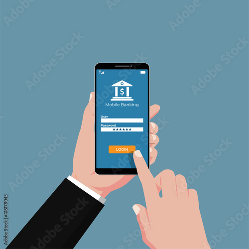 Hand holding mobile banking services on smartphone vector illustration.