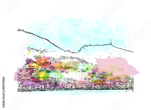 Building view with landmark of Bergen is the
city in Norway. Watercolour splash with hand drawn sketch illustration in vector.