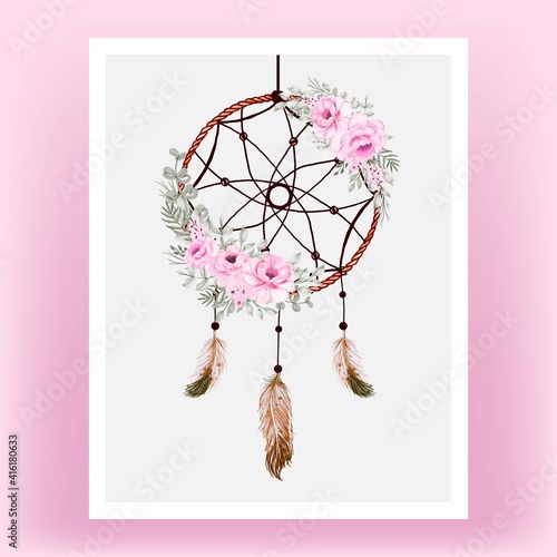 Watercolor dream catcher rose pink flower feather