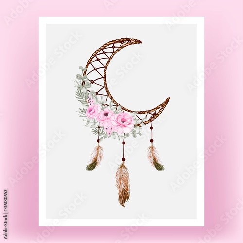 Watercolor dream catcher rose pink flower feather