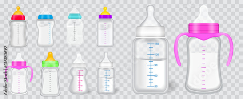 set of flat baby silicone pacifier or new born babies silicone pacifier or milk bottle plastic or newborn bottle milk concept. eps 10 vector, easy to modify