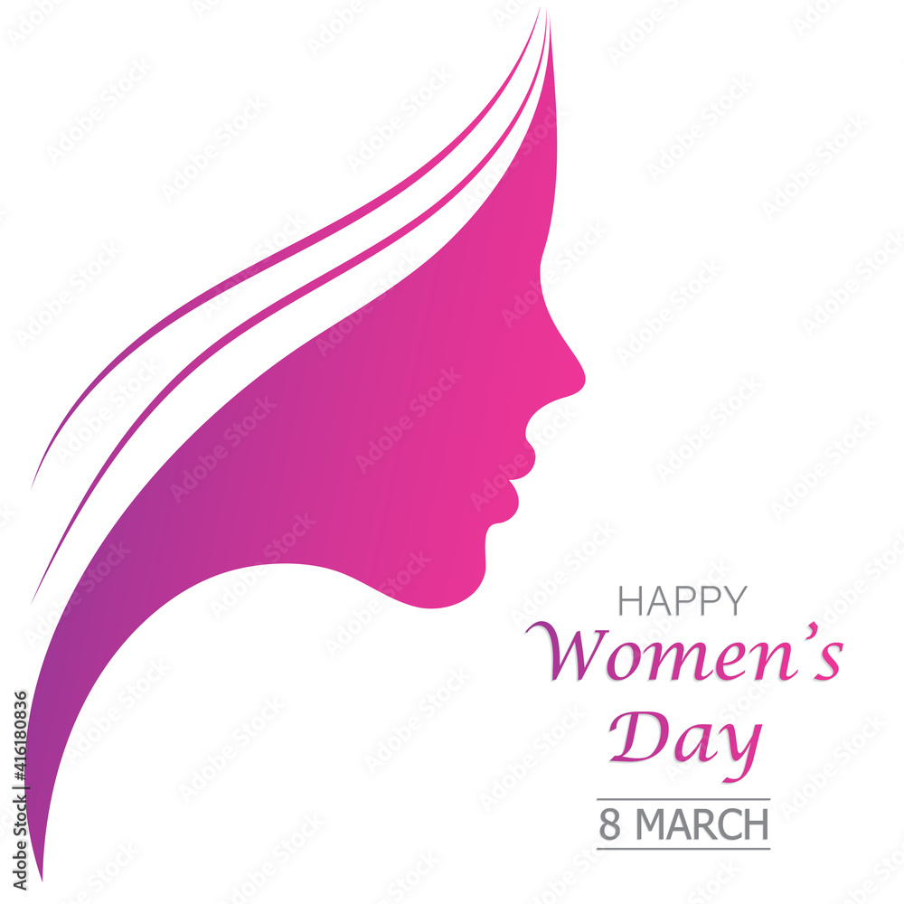 Silhouette of a woman and strands of hair colored with gradient pink and purple color and text happy womens day 8 march isolated on white background