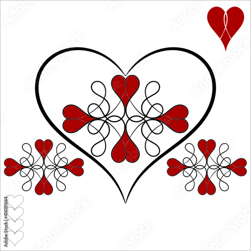 Abstract Valentine's Day illustration featuring black and red hearts on a white background