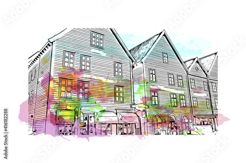 Building view with landmark of Bergen is the city in Norway. Watercolour splash with hand drawn sketch illustration in vector.