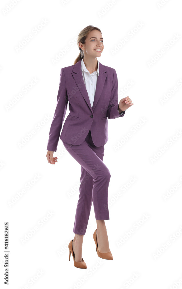 Businesswoman walking on white background. Career ladder Businesswoman walking on white background. Career ladder