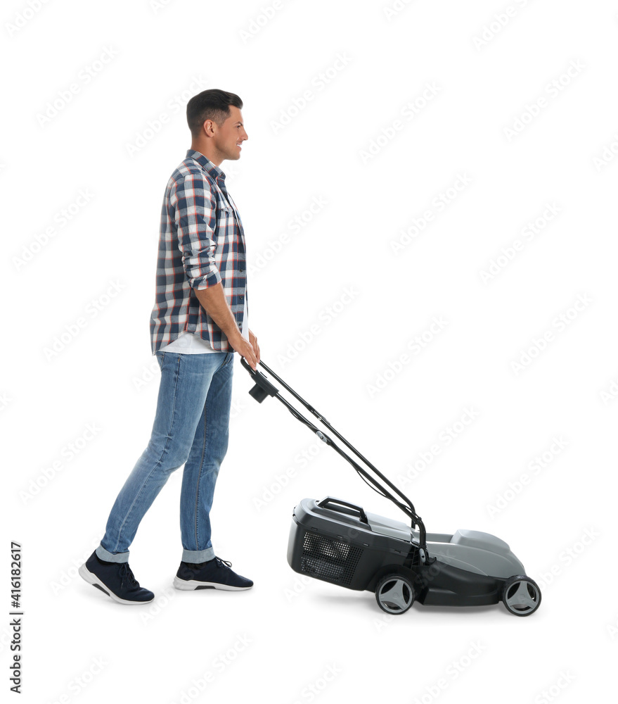 Man with modern lawn mower on white background