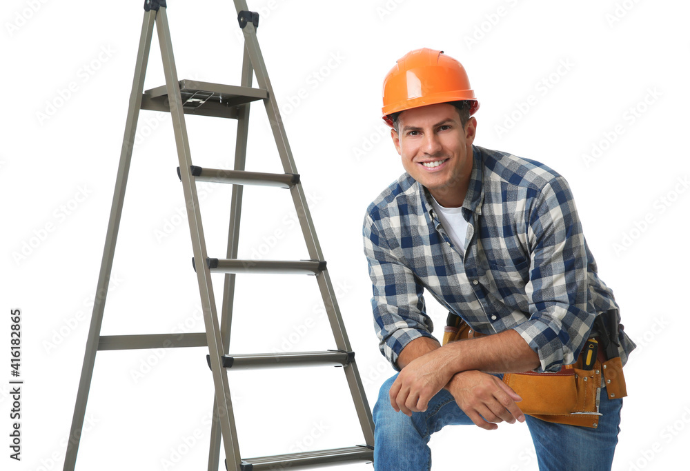 Professional builder near metal ladder on white background Professional builder near metal ladder on white background