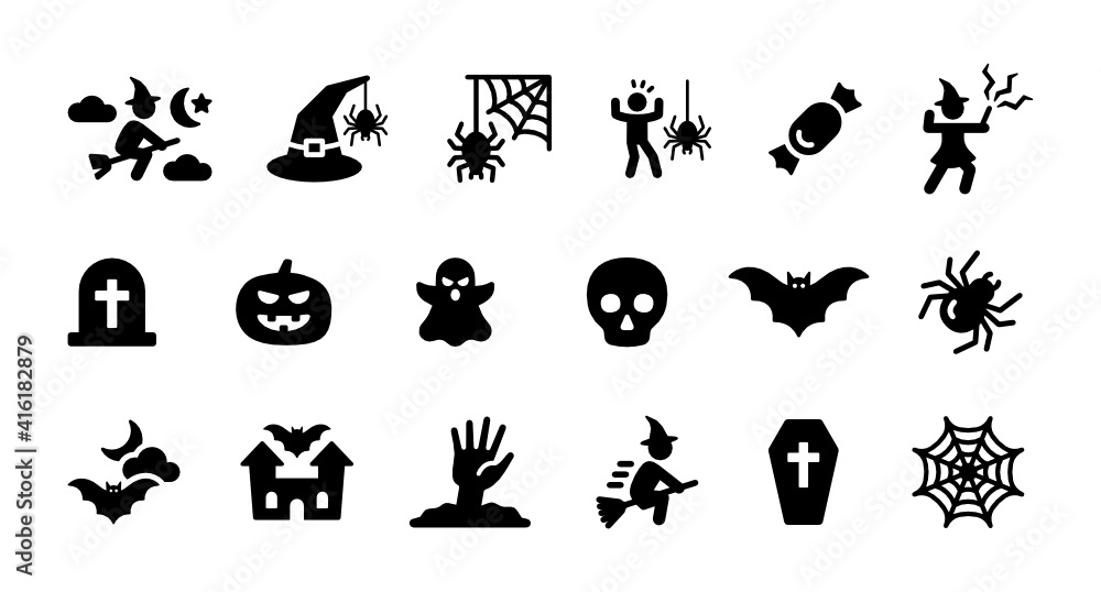 Halloween vector icon set illustration with witch, tomb, spider and candy symbol.
